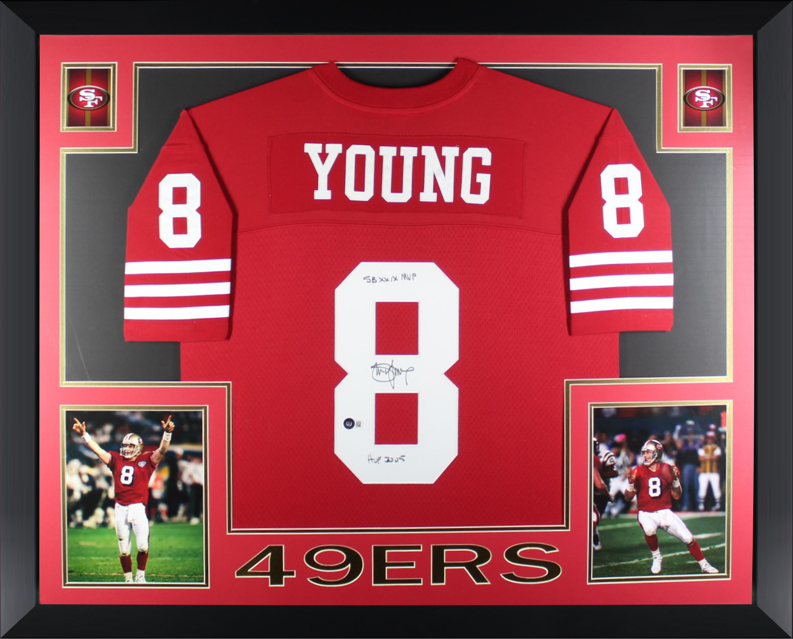 Steve Young Autographed San Francisco 49ers Signed Mitchell & Ness Football Framed Jersey SUPER BOWL XXIX MVP HOF 2005 Beckett COA